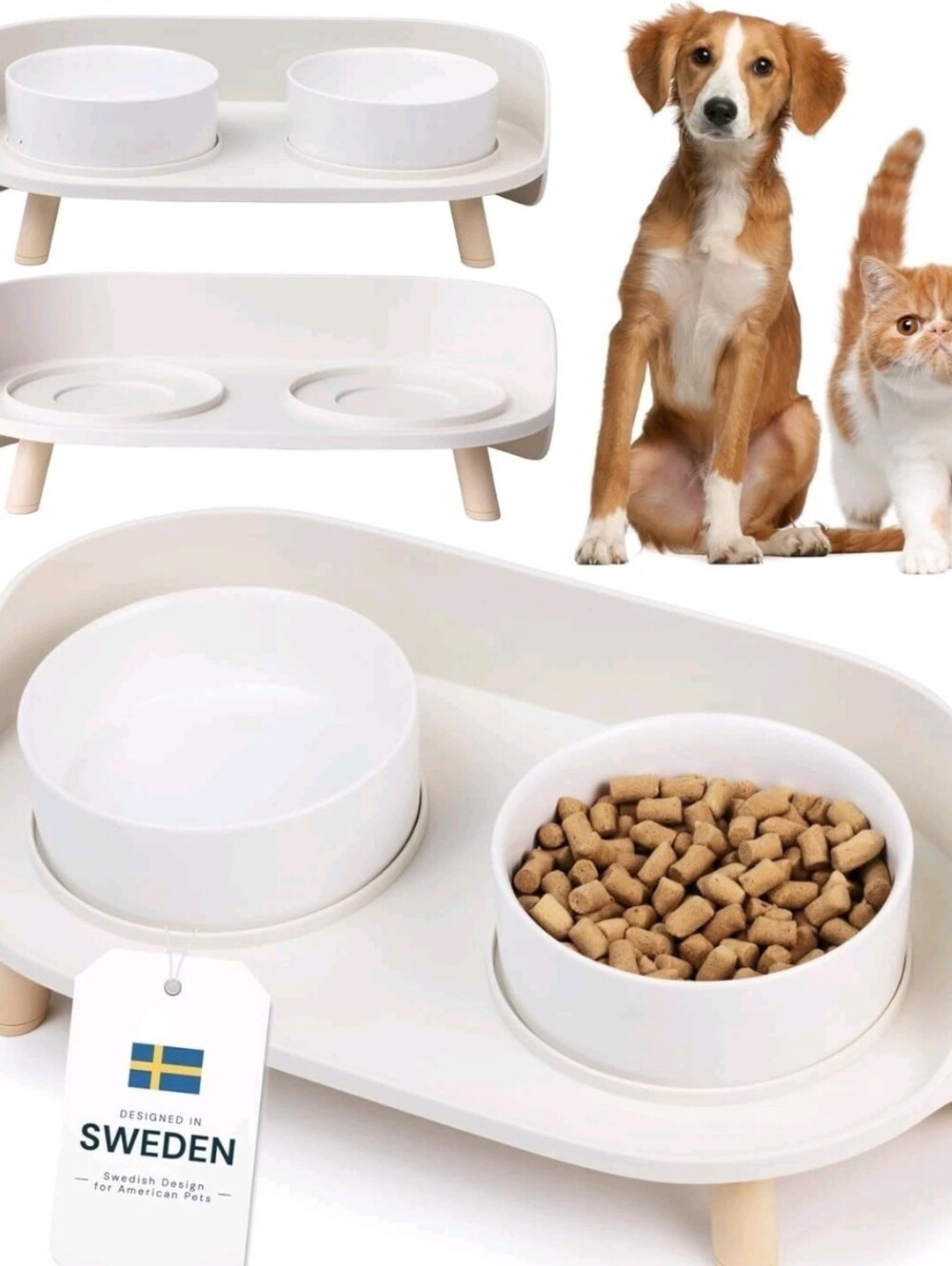 MalsiPree Dog Bowls Elevated & Pet Bowls - Small, Sand Beige - 45° Tilt Stand wi